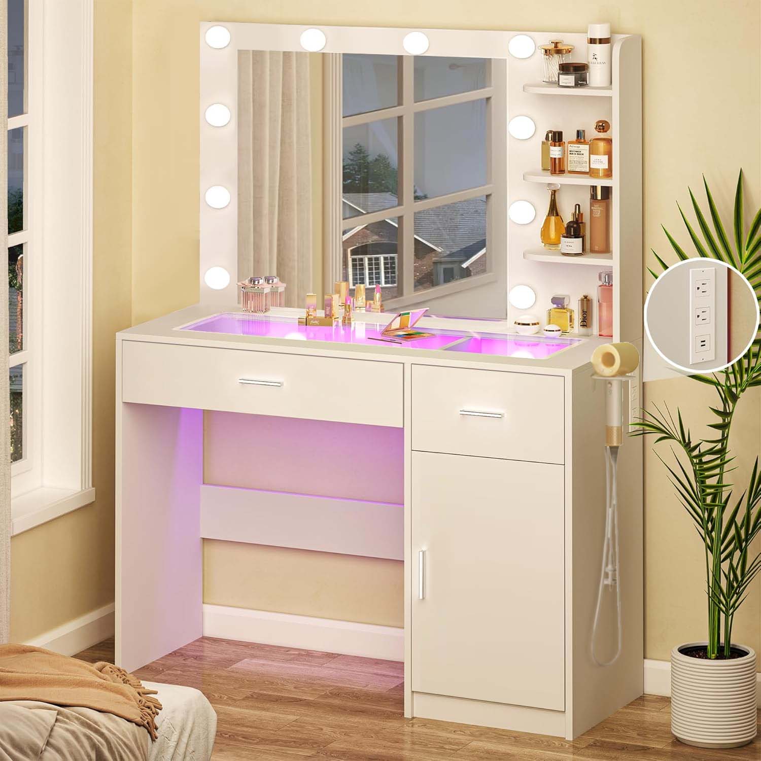 Vanity Table with Lighted Mirror & Side Shelves - Image 2
