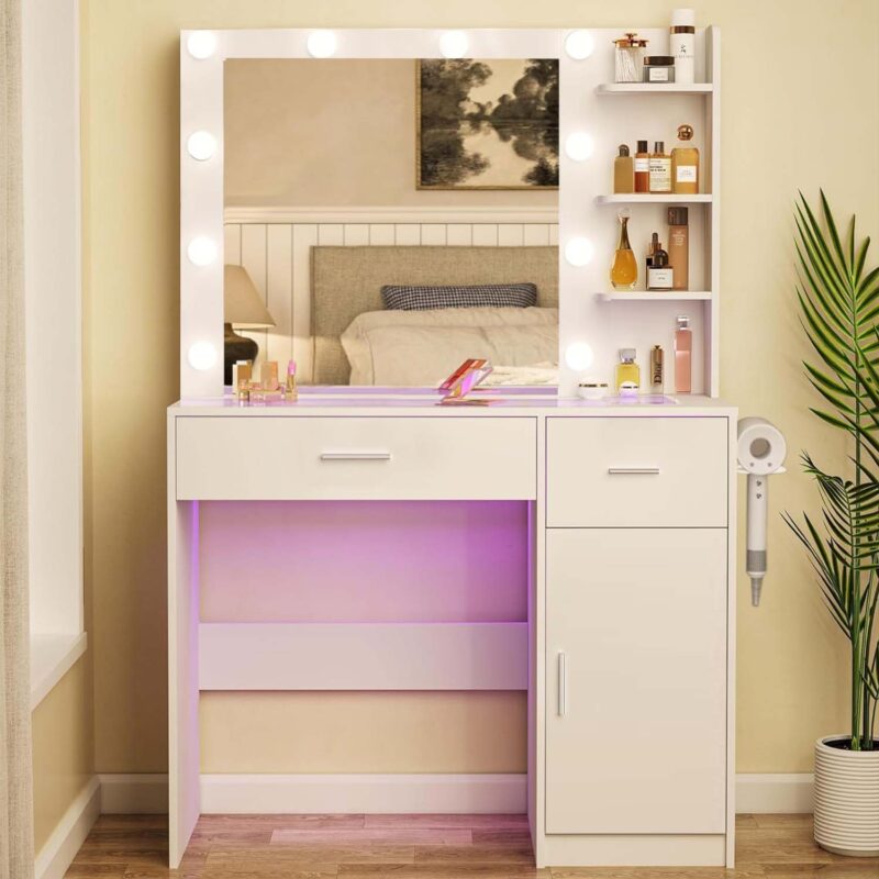 Vanity Table with Lighted Mirror & Side Shelves