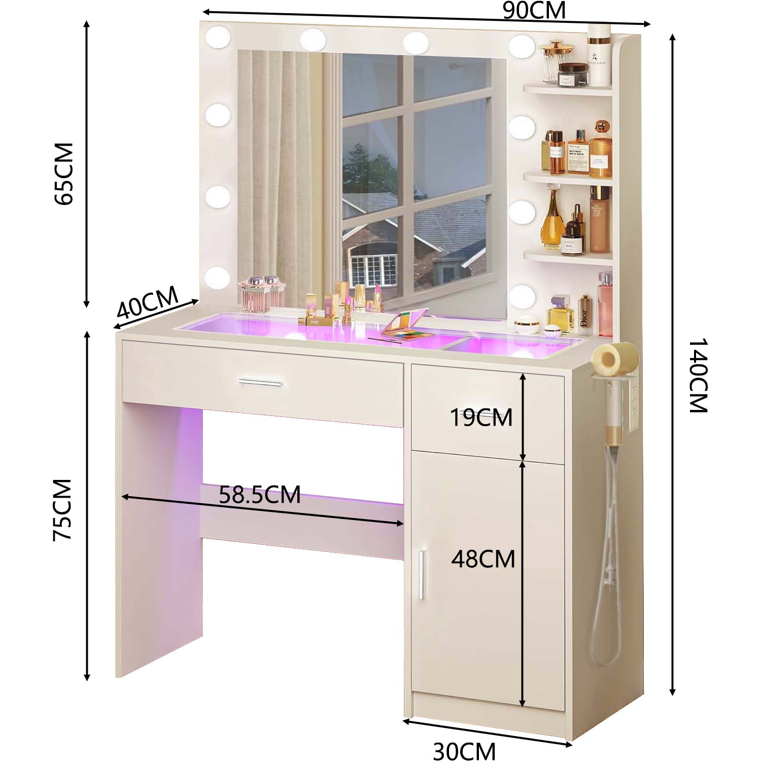 Vanity Table with Lighted Mirror & Side Shelves - Image 3