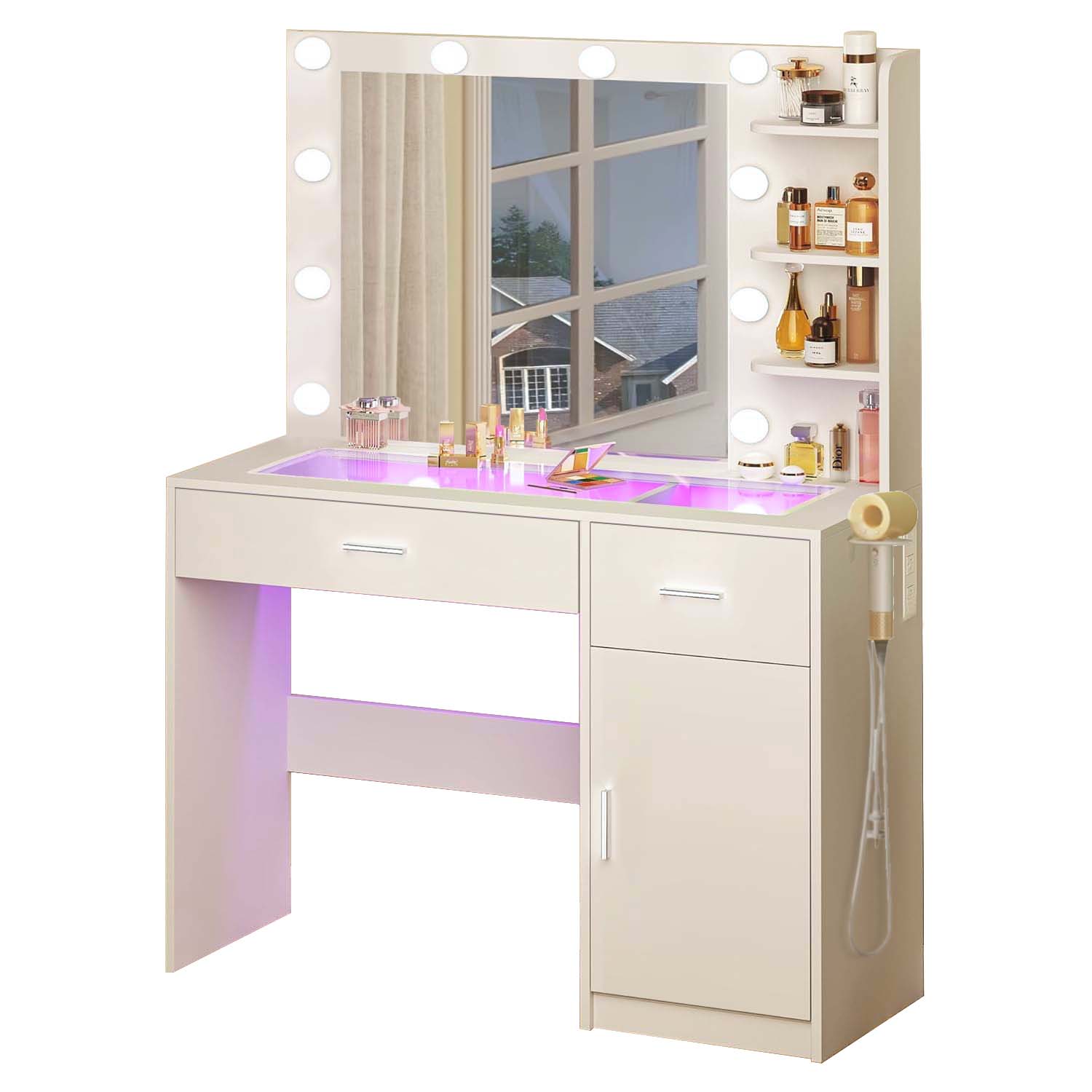 Vanity Table with Lighted Mirror & Side Shelves - Image 5