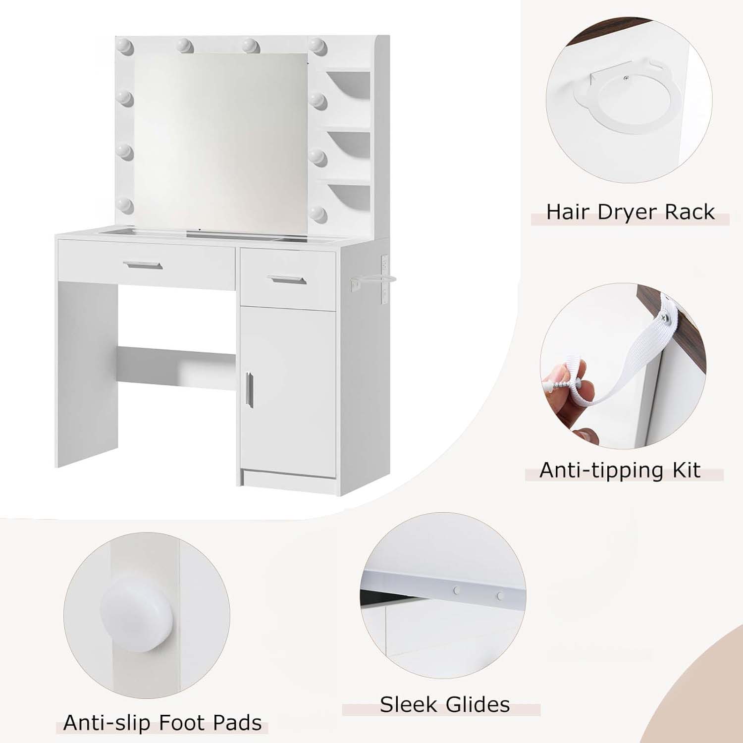 Vanity Table with Lighted Mirror & Side Shelves - Image 4