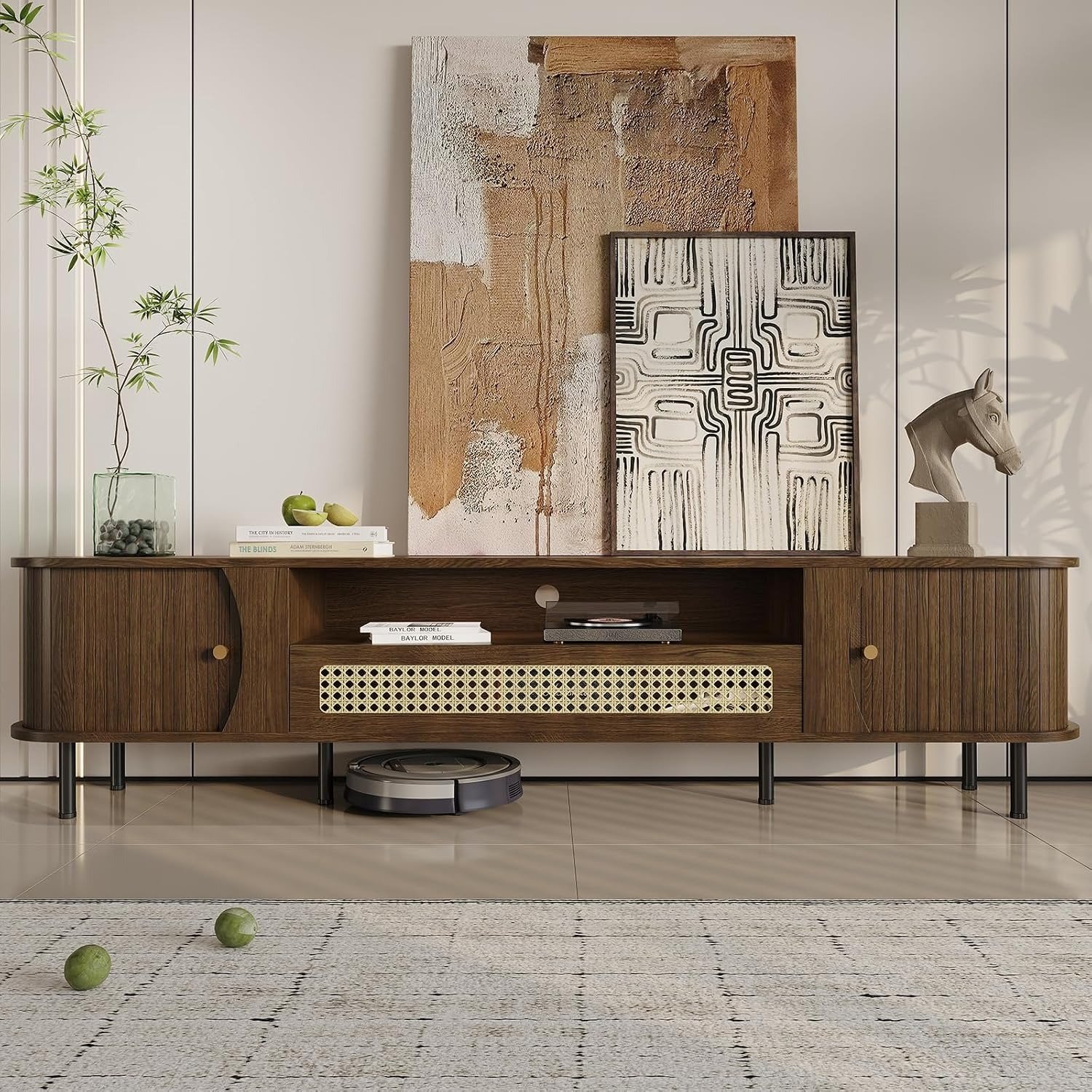 Rattan TV Stand Mid-Century Media Console with Sliding Doors