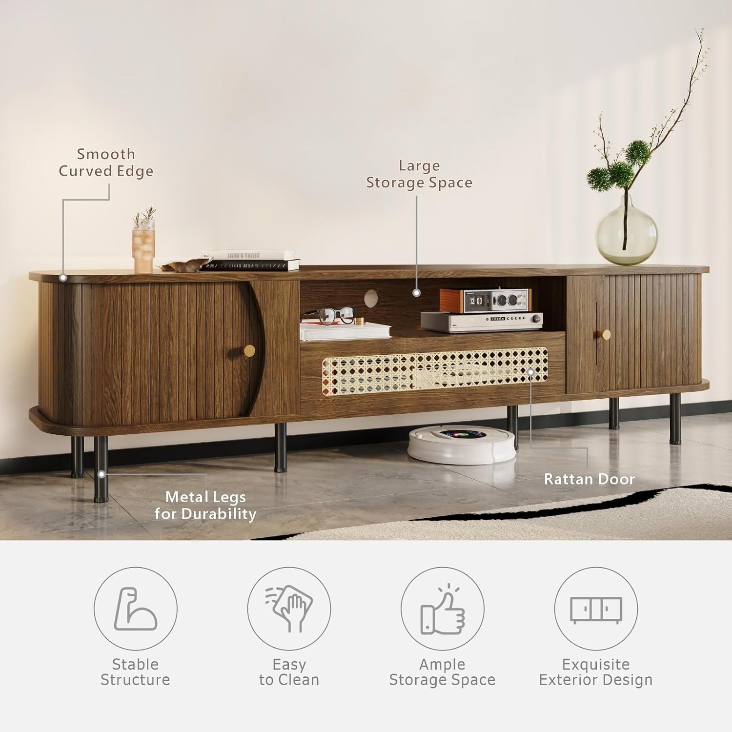 Rattan TV Stand Mid-Century Media Console with Sliding Doors - Image 2