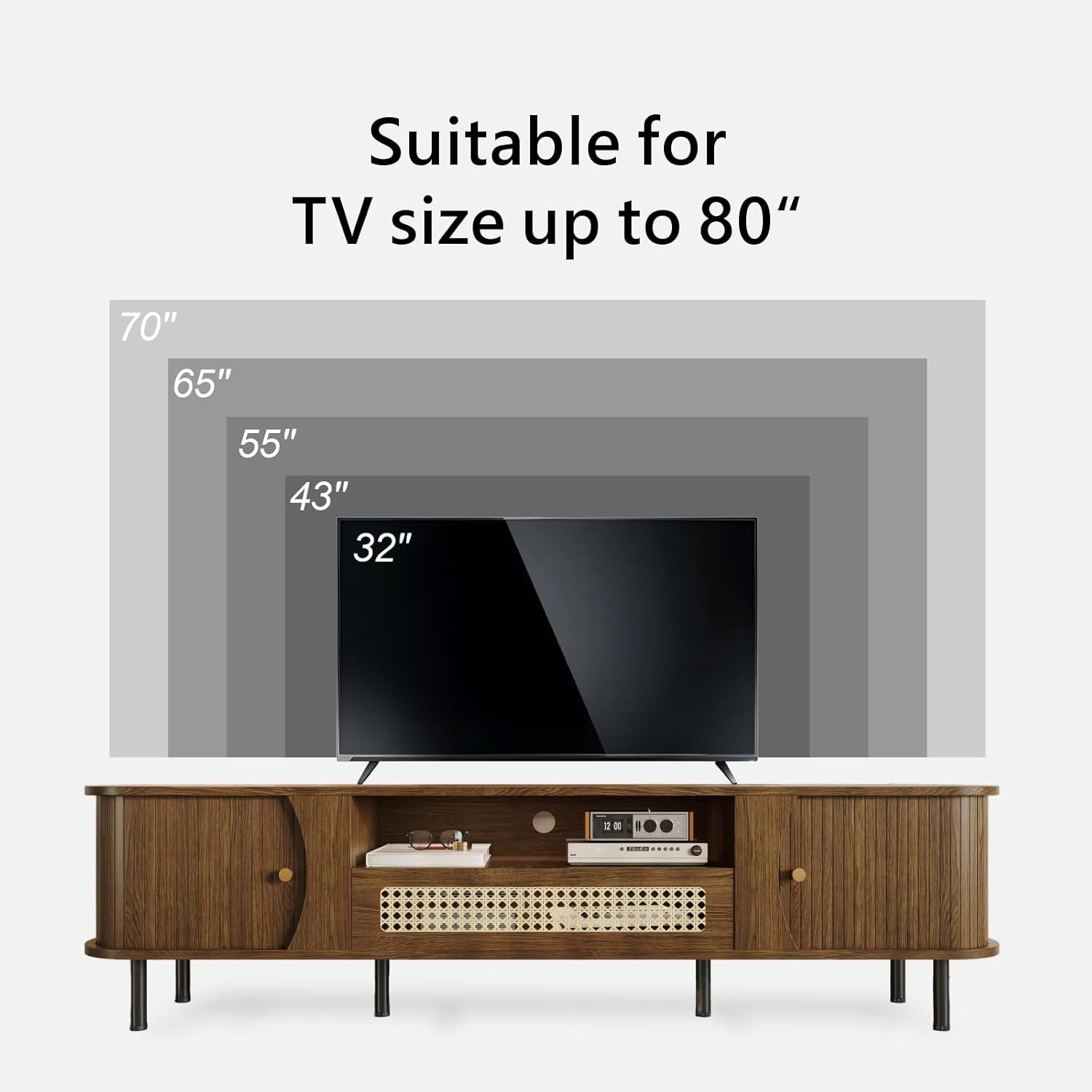 Rattan TV Stand Mid-Century Media Console with Sliding Doors - Image 3