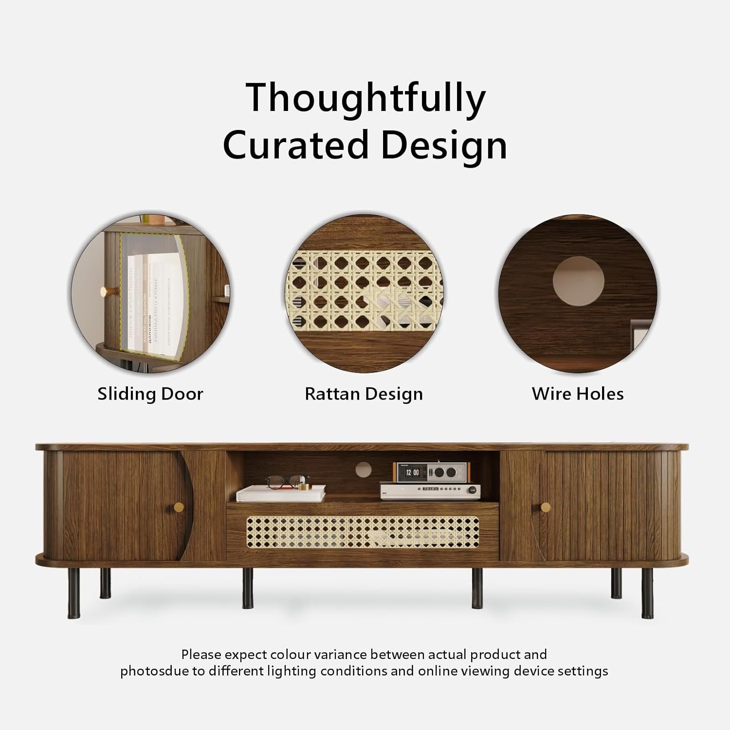 Rattan TV Stand Mid-Century Media Console with Sliding Doors - Image 4