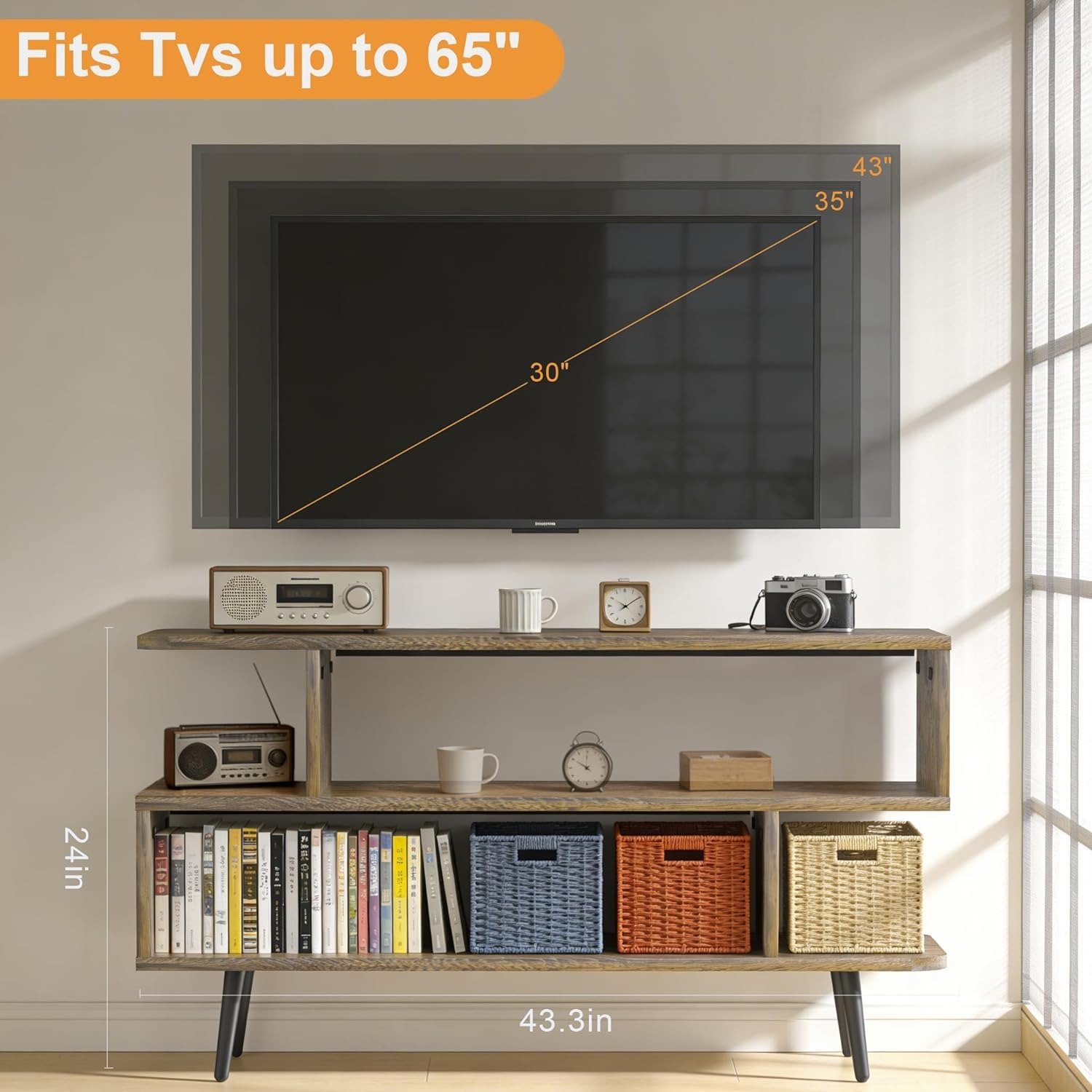 Open Shelf TV Stand 3-Tier Wood Media Console - Image 2