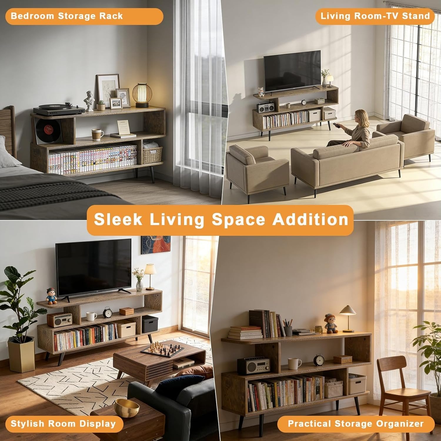 Open Shelf TV Stand 3-Tier Wood Media Console - Image 3