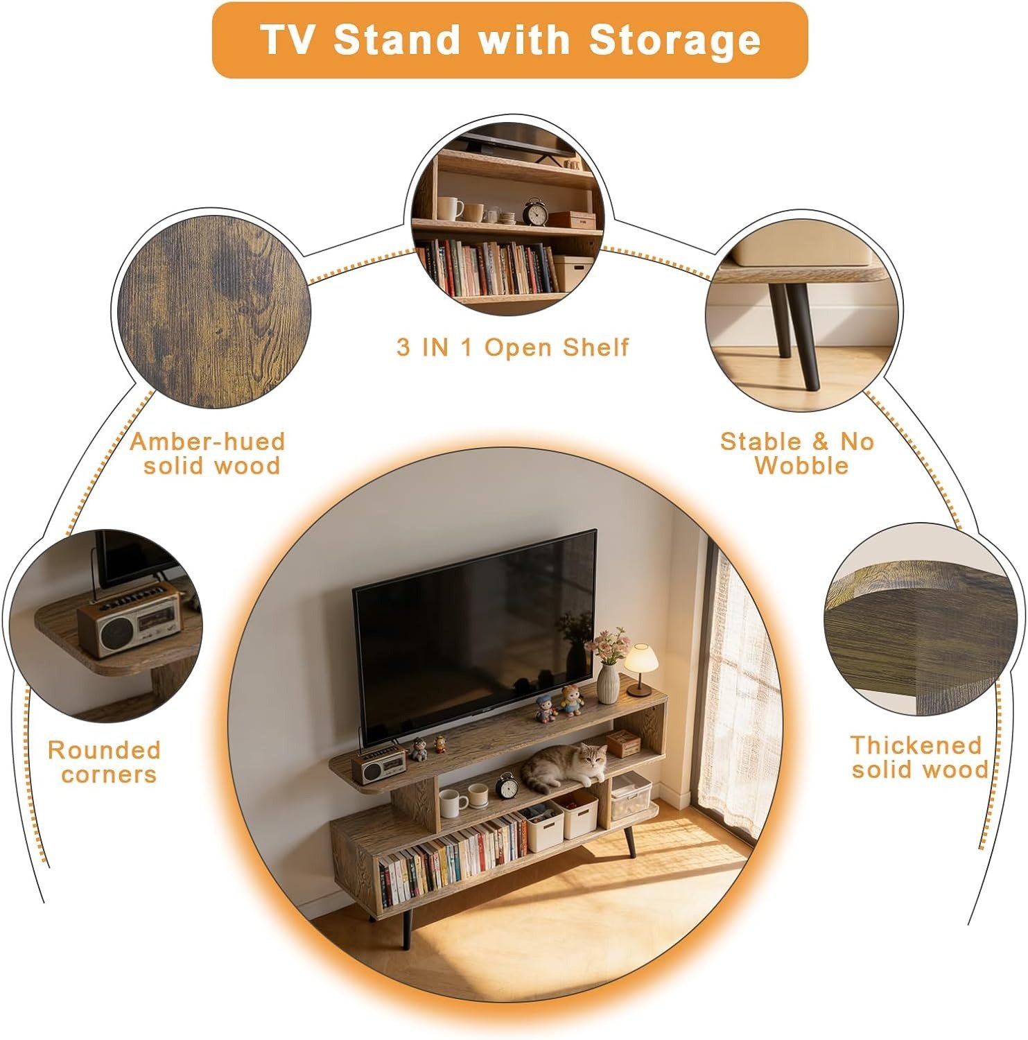 Open Shelf TV Stand 3-Tier Wood Media Console - Image 4